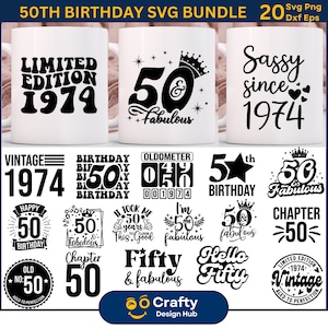 Pacote Svg de caneca de 50º aniversário, caneca de 50º aniversário SVG, presente de 50º aniversário, olá cinquenta svg, 50 e fabuloso SVG, caneca de sublimação de aniversário