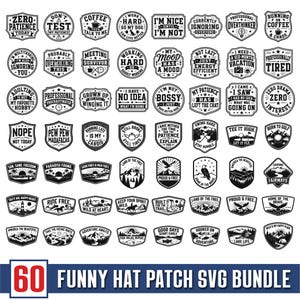 Op de afbeelding: Een verzameling van 60 zwart-witte, ronde en schildvormige patches met diverse humoristische teksten en natuurillustraties. De tekst bevat slogans zoals Zero Patience, Professional Overthinker en Born to Golf, samen met grafische iconen.