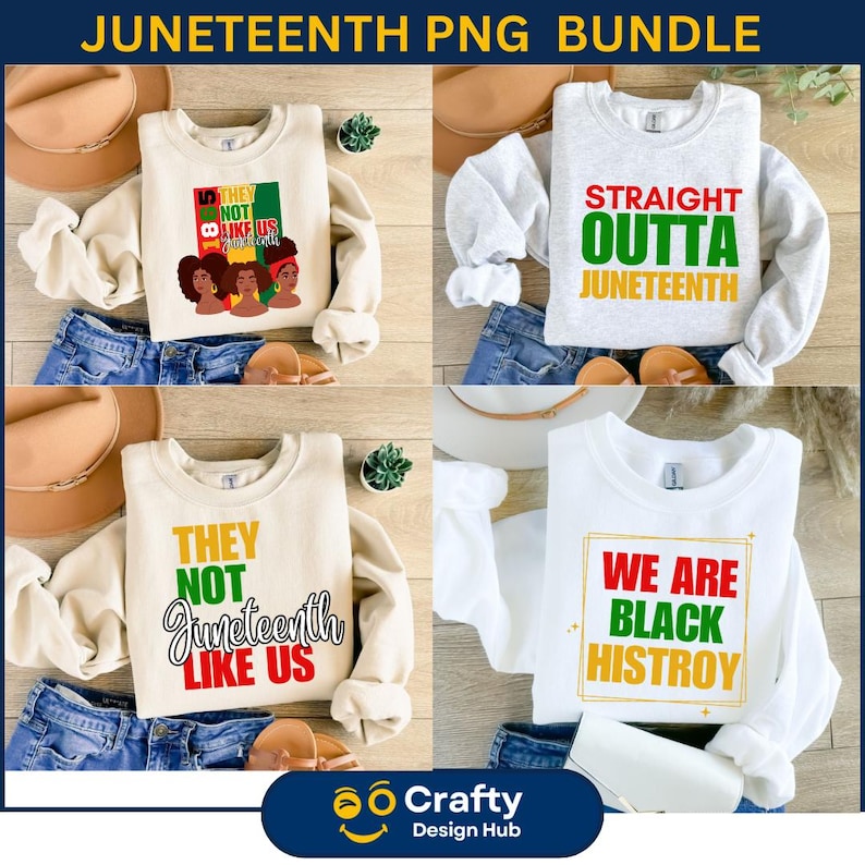 Pu&ograve; includere: Una collezione di quattro felpe con disegni a tema Juneteenth. Le felpe sono bianche e grigie, con varie grafiche di testo in rosso, verde e giallo. Un disegno recita "They Not Like Us", un altro dice "Straight Outta Juneteenth", e un terzo dice "We Are Black Histroy".