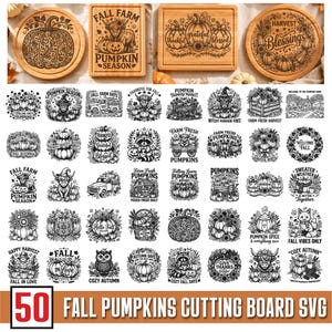 May include: A collection of 50 digital graphic designs featuring autumn themes, including pumpkins, farm animals, trucks, and seasonal text like Fall Farm Pumpkin Season, Harvest Blessings, and Pumpkin Spice, presented in a black and white line art style.
