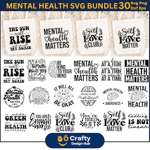 Bolsa de tela con frases positivas sobre salud mental, bolsa motivacional en formato SVG, bolsa de tela con frases positivas, salud mental, concienciación sobre la salud mental