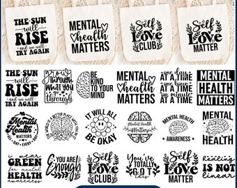 Puede incluir: Un conjunto de 30 diseños SVG y PNG con temas de salud mental. Los diseños incluyen frases como "Mental Health Matters" y "Self Love Club". Los diseños son en blanco y negro, con ilustraciones de cerebros y flores.