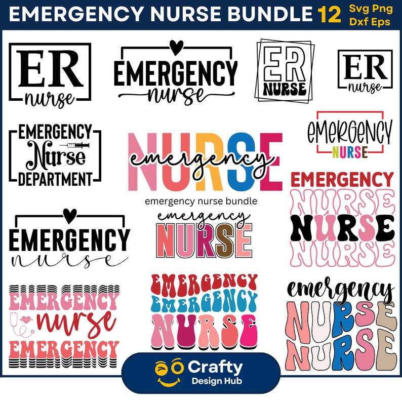 May include: A digital download bundle of 12 SVG, PNG, DXF, and EPS files featuring various designs for emergency room nurses. The designs include text-based graphics with phrases like "ER nurse", "Emergency nurse", and "Emergency Nurse Department", as well as colorful, layered designs with the word "nurse" in a variety of fonts and styles.