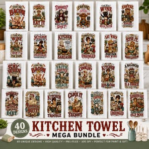May include: A collection of 40 white kitchen towels featuring various humorous illustrations of animals and people with witty text captions like You're Bacon Me Crazy, Dinner Wine & Chocolate Diet, and Kitchen Handles Vegetables Aggressively.