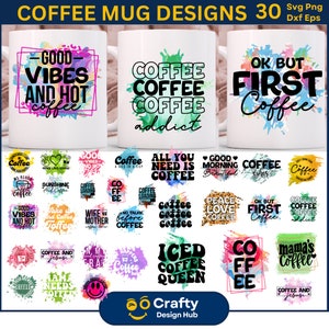 Paquete de 30 tazas de café SVG, divertidas tazas de café SVG, tazas de café SVG, café Svg, citas sarcásticas, silueta de corte de Cricut SVG, cita de café Svg