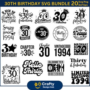 30歳の誕生日SVGバンドル、30歳の誕生日シャツSVG、ハッピーバースデーSVG、30歳の誕生日プレゼント、誕生日クリップアート、バースデースクワッドSVG