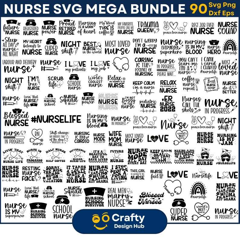 May include: A black and white graphic design bundle of 90 SVG files for nurses. The designs feature various phrases and images related to nursing, such as "Nurse Life", "Nurse Squad", "Blessed Nurses", and "Nurse Power".