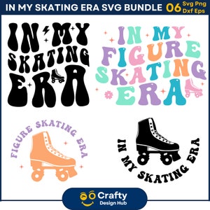 Puede incluir: Cuatro diseños diferentes para un archivo de corte SVG con temática de patines. Los diseños presentan el texto "In My Skating Era" en una fuente retro con un gráfico de patines. Un diseño presenta el texto "Figure Skating Era" en una fuente retro con un gráfico de patines.