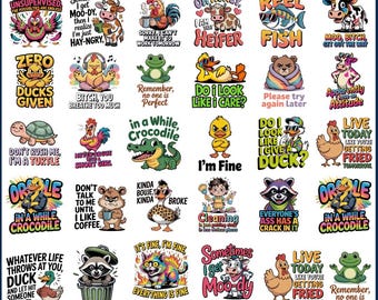 May include: A digital download bundle featuring 30 sarcastic animal quotes in PNG format. Each design includes a different animal with a humorous saying, such as "I'm Fine" or "Zero Ducks Given". The designs are colorful and suitable for various projects.