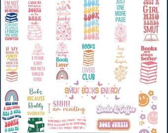 May include: A set of 20 colorful bookmarks with book-themed quotes and illustrations. The bookmarks feature a variety of designs, including stacks of books, flowers, butterflies, and smiley faces. The text on the bookmarks includes quotes such as "I'm not addicted to reading", "Just one more chapter", and "Books are always better".