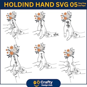 パーソナライズされた最大 5 人の子供の花柄の母の日の手を繋ぐ SVG PNG、母の日の花柄 SVG、カスタム名、赤ちゃんの幼児の子供のナナの手 SVG