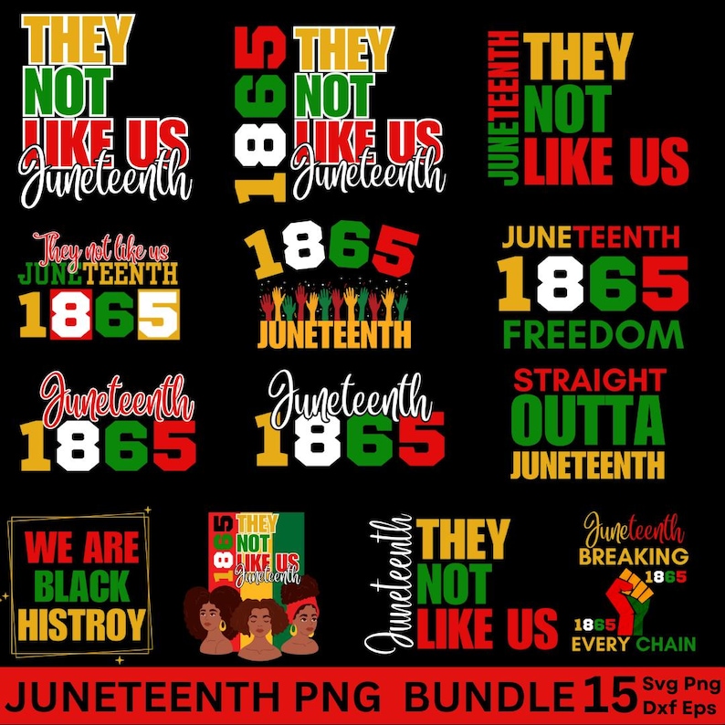 Pu&ograve; includere: Una collezione di design digitali a tema Juneteenth in rosso, giallo, verde e nero. I design includono testo come "They Not Like Us", "1865" e "Juneteenth". Il pacchetto include file SVG, PNG e DXF.