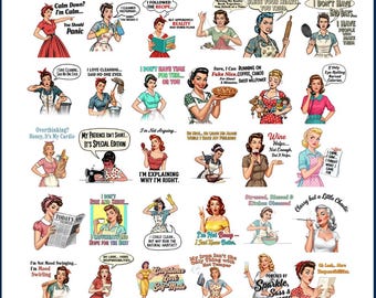 Sarcastic Retro Housewife PNG bundle, Funny Sassy Women Quotes, Sarcastic Women Quotes, Funny 1950s Clipart, Mom Life Sublimation