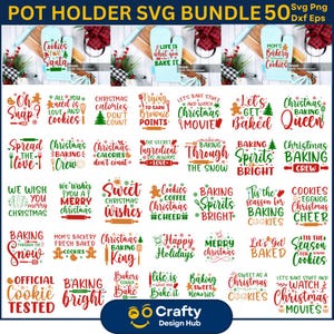 Könnte beinhalten: Ein Set mit 25 weihnachtlichen SVG-Designs für Topflappen. Die Designs zeigen eine Vielzahl von festlichen Sprüchen und Bildern, darunter Kekse, Backen und Weihnachtsfreude. Die Designs sind in Rot, Grün und Weiß.