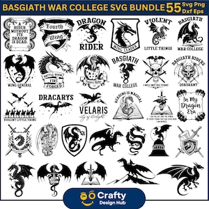 Puede incluir: Un conjunto de 55 archivos SVG, PNG y DXF con diseños de dragones. Las ilustraciones en blanco y negro incluyen dragones, escudos y texto como "War College" y "Dragon Rider". Adecuado para diversos proyectos de manualidades.