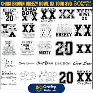 Pode incluir: Uma coleção de designs SVG em preto e branco com o texto "Breezy Bowl XX" e "Chris Brown". Inclui vários estilos de texto, o número "20" e as palavras "Stadium World Tour".