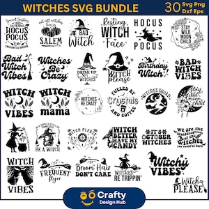 Puede incluir: Una colección de 30 diseños SVG en blanco y negro con ilustraciones y texto sobre el tema de las brujas. Los diseños incluyen frases como "Witch Vibes", "Bad Witch Vibes", "Witch Mama", "Hocus Pocus", "Witch Please", "Birthday Witch", "Witches Be Crazy", "Stay Wild Moon Child", "We are the Granddaughters of the Witches", "Witch Better Have My Candy", "It's October Witches", "Broom Hair Don't Care", "Witchy Vibes", and "Witch Please".
