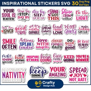 30 inspirujących cytatów Svg Naklejki Pakiet, Naklejki do druku, Sarkazm Naklejki cyfrowe, Samoopieka Svg, Motywujące cytaty, Plik Cricut