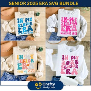 May include: Four different designs for a senior class of 2025 t-shirt. The designs feature the text "In My Senior Era" with different colour schemes and fonts. The text "Class of 2025" is also included in each design.