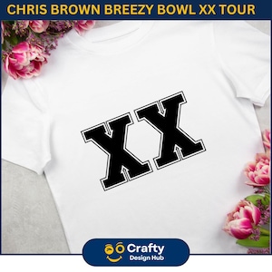 May include: White t-shirt with the text "CHRIS BROWN BREEZY BOWL XX TOUR" at the top. The shirt features a large black "XX" graphic. The image is decorated with pink flowers.