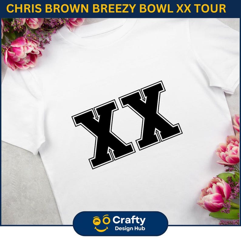 May include: White t-shirt with the text "CHRIS BROWN BREEZY BOWL XX TOUR" at the top. The shirt features a large black "XX" graphic. The image is decorated with pink flowers.