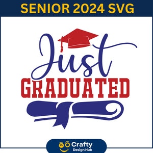以下が含まれることがあります： 卒業帽と「Just Graduated」の文字が入った青と赤の卒業デザイン。