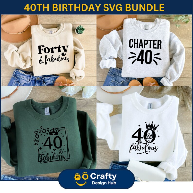 May include: Four SVG designs for a 40th birthday. The designs feature the text "Forty & fabulous", "Chapter 40", "40 & Fabulous" with a crown, and "40 & Fabulous" with a crown and leopard print.
