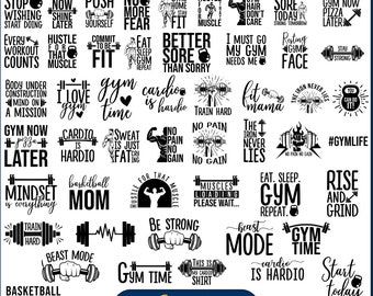 May include: A set of 50 black and white workout SVG designs. The designs feature motivational quotes and images related to fitness, such as weights, dumbbells, and muscle silhouettes. Some of the quotes include "Sweat Now Shine Later", "Hustle For That Muscle", "Gym Time", "Cardio Is Hardio", "No Pain No Gain", "Beast Mode", "Rise and Grind", and "Start Today".