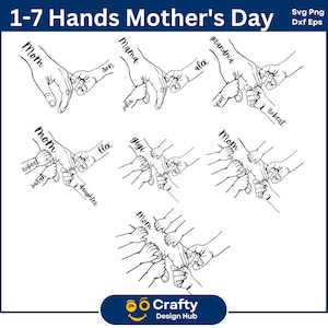 1-7 Hands Mom/Babcia i Childs Png Bundle, Niestandardowe nazwy dłoni dla dzieci, Prezent dla najlepszej mamy w historii, Zestaw uderzeń pięścią na dzień matki Svg