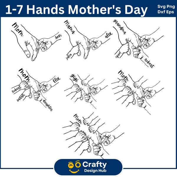 Paquete Png de 1-7 manos para mamá/abuela e hijos, nombres personalizados para niños, regalo para la mejor mamá de todos los tiempos, juego de golpes de puño para el Día de la Madre Svg