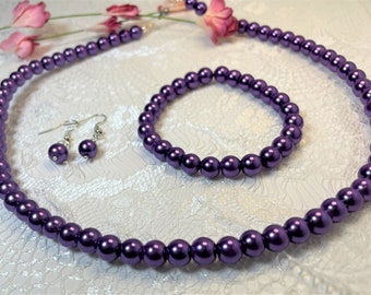 Purple Pearl Necklace Bracelet Earring, 3 Piece Jewelry, Bridal Jewelry, Wedding Jewelry, Pearl Choker, Bridesmaid Gift, Mother of Bride