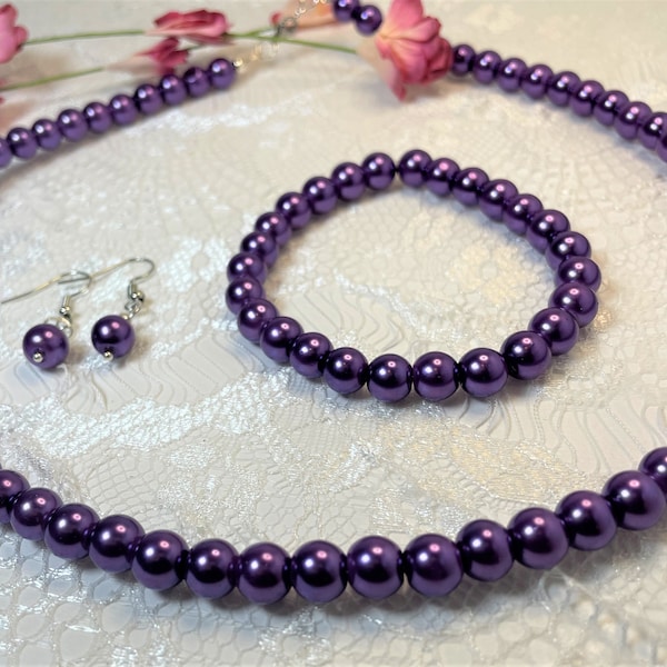 Purple Pearl Necklace Bracelet Earring, 3 Piece Jewelry, Bridal Jewelry, Wedding Jewelry, Pearl Choker, Bridesmaid Gift, Mother of Bride