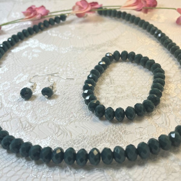 Dark Green Bead Necklace Set, 3 Piece Jewelry, Bridal Jewelry, Dark Green Bead Choker Set, Bridesmaid Gift, Mother of Bride Gift