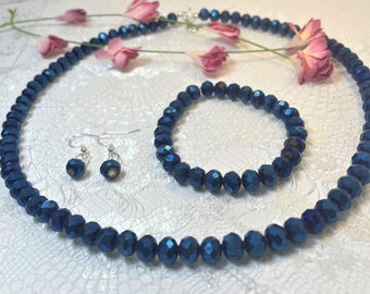 Navy Blue Bead Necklace Set, 3 Piece Jewelry, Bridal Jewelry, Navy Blue Bead Choker Set, Bridesmaid Gift, Mother of Bride Gift