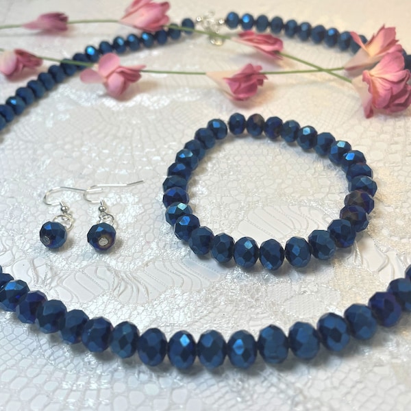 Navy Blue Bead Necklace Set, 3 Piece Jewelry, Bridal Jewelry, Navy Blue Bead Choker Set, Bridesmaid Gift, Mother of Bride Gift