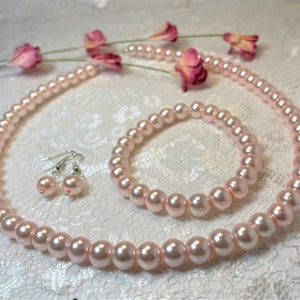 Pink Pearl Necklace Bracelet Earring, 3 Piece Jewelry, Bridal Jewelry, Wedding Jewelry, Pearl Choker, Bridesmaid Gift, Mother of Bride Gift