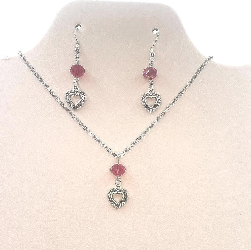 Conjunto de collar y pendientes con corazón rojo de plata, collar con corazón, collar romántico, regalo de San Valentín, regalo para amantes de la joyería, regalo para esposa.
