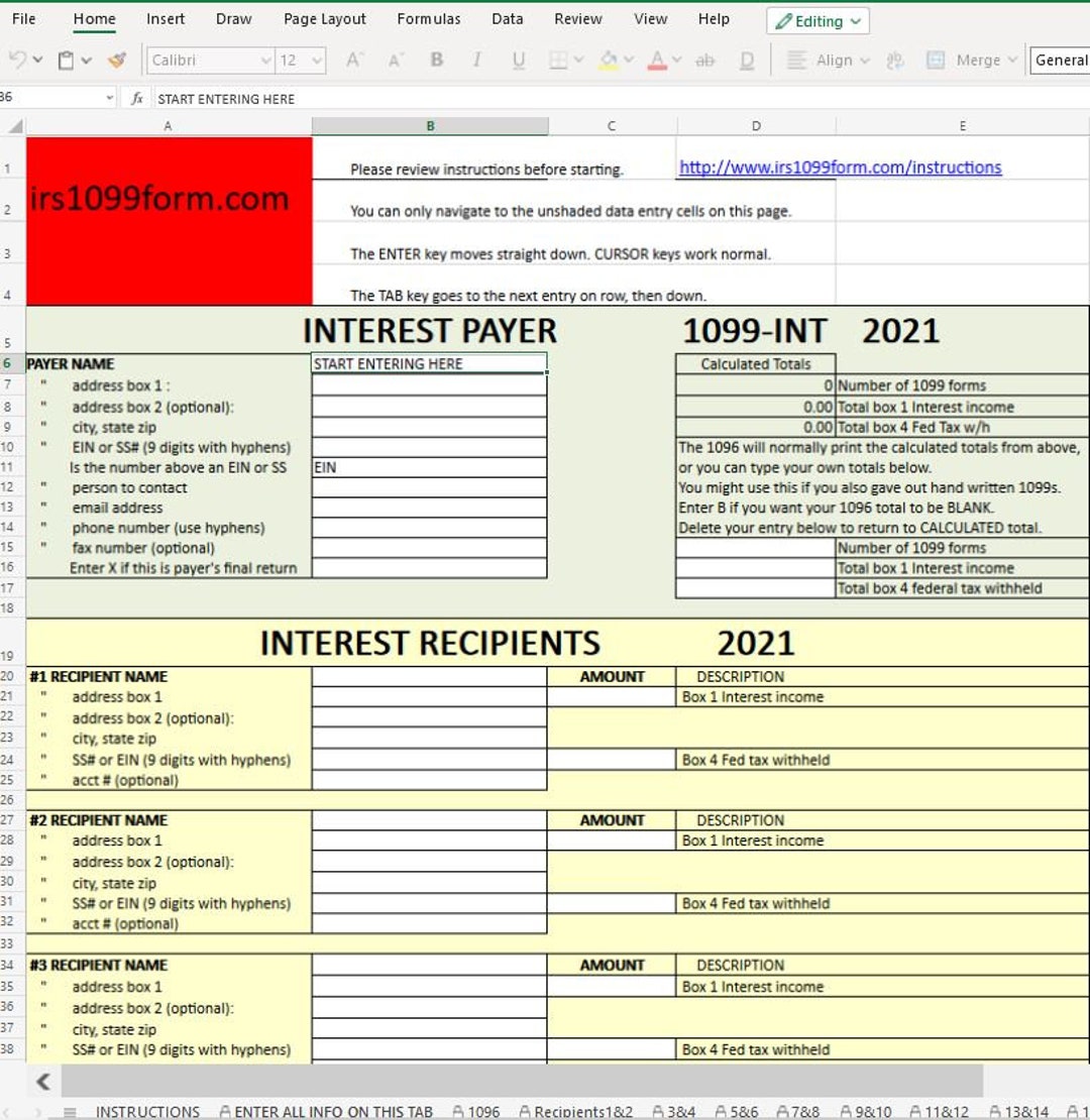 1099INT Interest Excel Template for Printing Onto IRS Form 2022 Taxes 1099INT Interest Excel Template for Printing Onto IRS Form 2022 Taxes