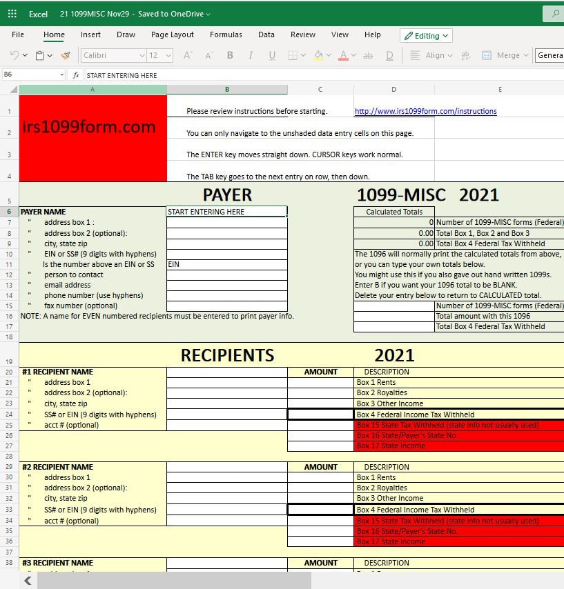 1099MISC Excel Template for Printing Onto IRS Form updated for 2023 1099MISC Excel Template for Printing Onto IRS Form updated for 2023