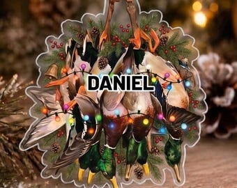 Custom Name Duck Hunter Christmas Ornament 2026, Personalized Mallard Duck Wreath Keepsake, Hunting Gift for Men, Outdoor Sportsman Ornament