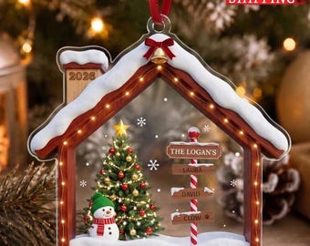 Personalized Family Christmas Ornament 2026, Custom Family Name Signpost Keepsake, Snowman House Ornament, Christmas Gift for New Family