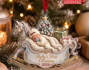 Personalized Baby First Christmas Ornament 2026, Custom Hat Name Baby Keepsake, Newborn Baby Sleigh Gift, Rocking Horse Christmas Tree Decor
