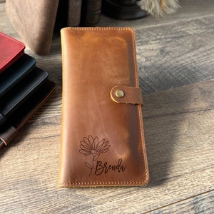 Cartera de flores grabada, cartera floral personalizada, cartera de cuero para teléfono, cartera para mujer, cartera larga personalizada, cartera delgada hecha a mano