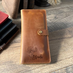 Engraved Flower Wallet, Custom Floral Wallet, Leather Phone Holder Wallet, Wallet For Women, Personalized Long Wallet, Handmade Slim Wallet