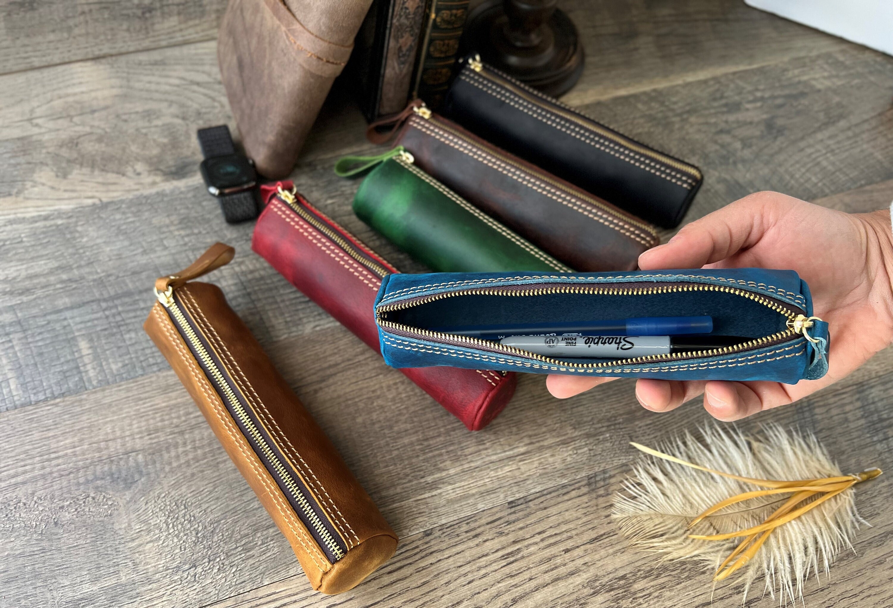 Leather Pencil Case Pen Case Pen Holder Pencil Pouch Zipper Pencil Zipper  Bag Pen Pouch Holder Brown Pencil Holder Zipper Pencil Case 