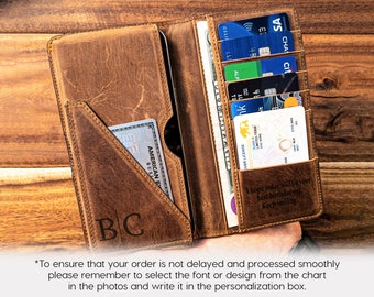 Personalized Long Leather Wallet, Fathers Day Gift, Engraved Phone Wallet, Custom Phone Wallet, Handmade Leather Wallet, Leather Mens Wallet