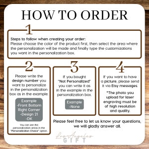 May include: How to order instructions for a personalized product.  The instructions are numbered 1 through 4.  The instructions include choosing a color, selecting a personalization area, writing a design number, and uploading a picture.  The text "Los Angeles Gift" is at the bottom of the image.