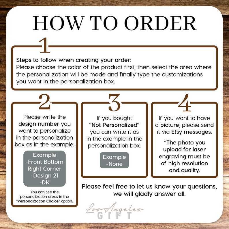 May include: How to order instructions for a personalized product.  The instructions are numbered 1 through 4.  The instructions include choosing a color, selecting a personalization area, writing a design number, and uploading a picture.  The text "Los Angeles Gift" is at the bottom of the image.