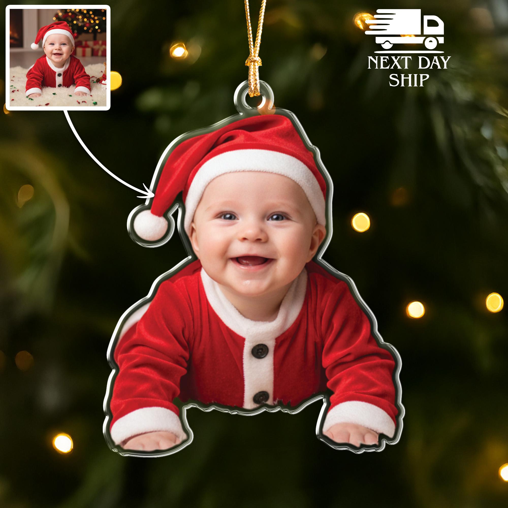 Santa Costume Baby Photo Ornament, Personalized Baby Christmas Keepsake, Acrylic Tree Decor, Cute New Year Baby Keepsake, First Christmas