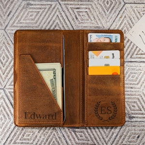 Cartera de cuero personalizada, regalo para el Día del Padre, cartera de cuero genuino, regalo para el Día del Padre, regalo de aniversario para él, cartera larga para hombre
